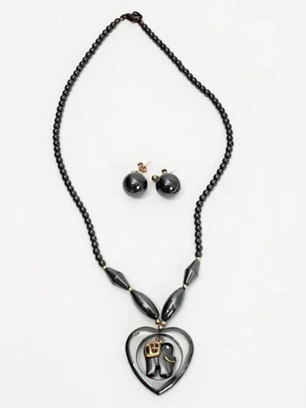 Long Hematite Heart Necklace with Elephant & Earrings Set – New